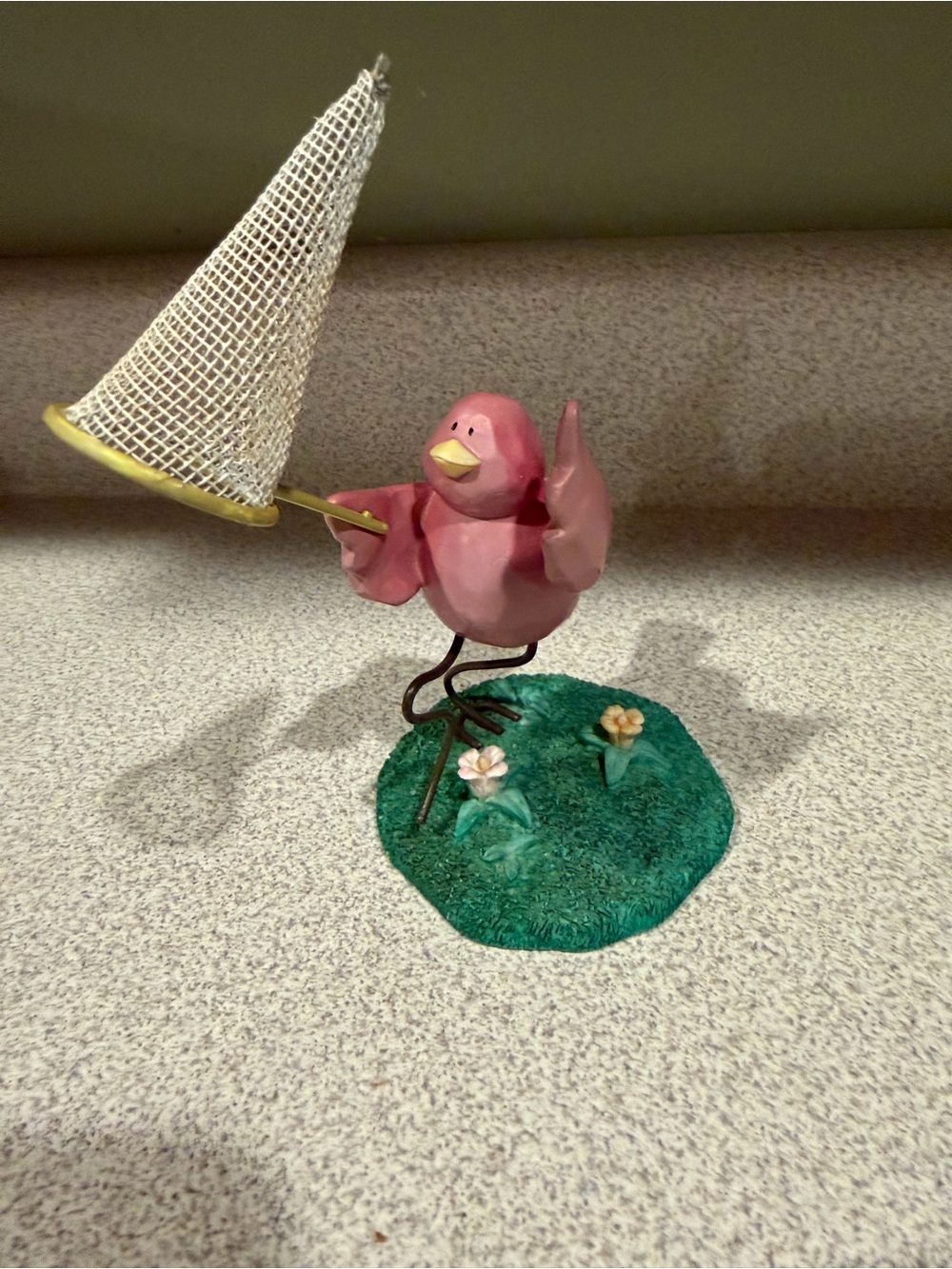 Russ Berrie Pink Bird Figurine with Yellow-Trim Net and Green Base